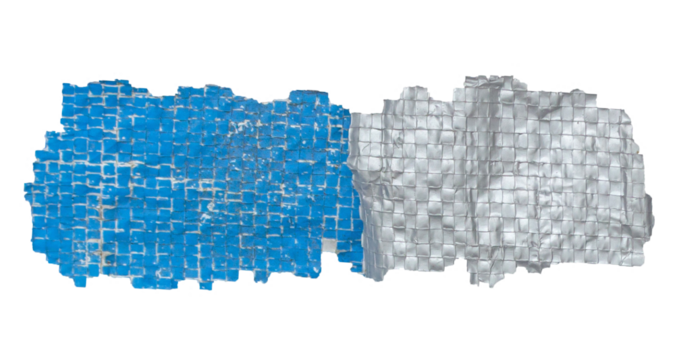 Weathered Torn Blue Tarpaulin with Silver Layer Peeling Off. Aged and Fragile Plastic Sheet. Element For Creative Project.