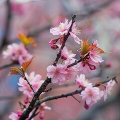 A branch of pink flowers with a pink background