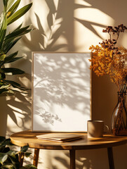 serene setting featuring blank frame, cup, and dried flowers, surrounded by lush greenery