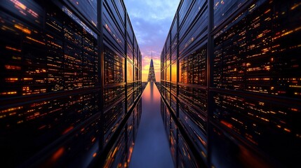 Fototapeta premium Futuristic Cityscape Digital Innovation Technology and Skyscrapers at Sunset