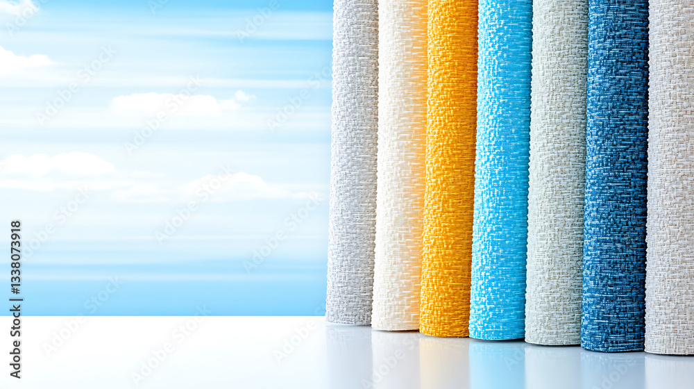 Poster a collection of fabric rolls in various colors against a bright sky, showcasing texture and design f