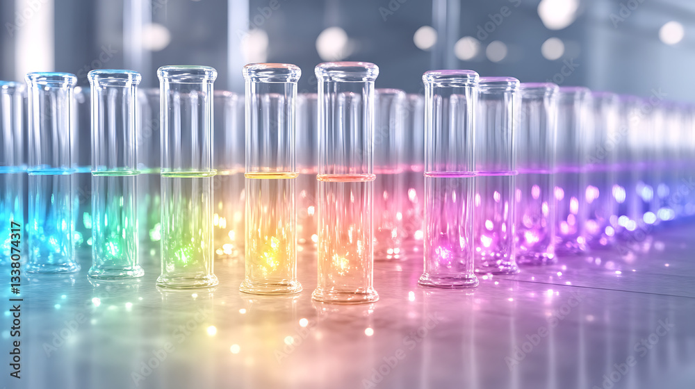 Poster a series of test tubes filled with colorful liquids, arranged in a line, showcasing vibrant hues and