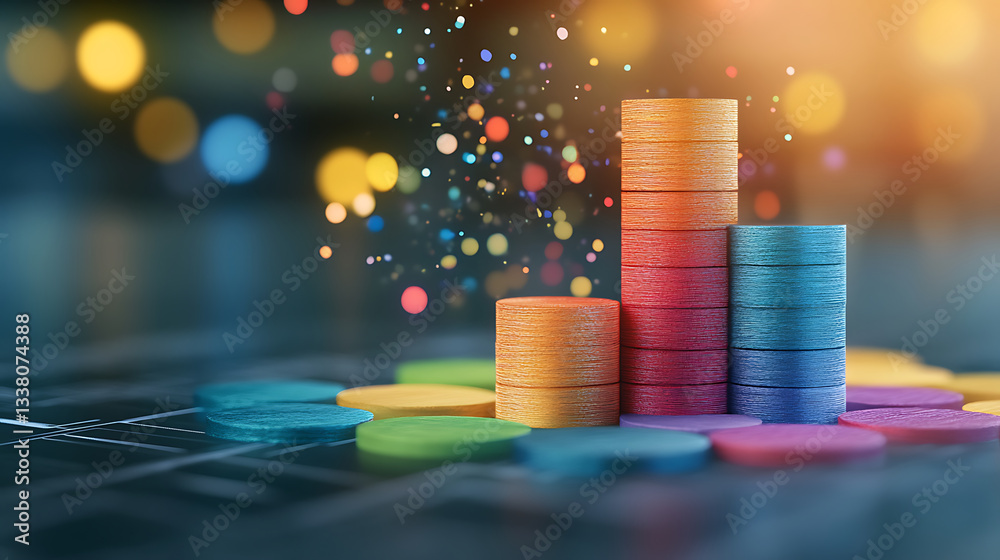 Poster A vibrant stack of colorful coins is depicted, surrounded by sparkling particles, symbolizing wealth and investment in a dynamic financial environment
