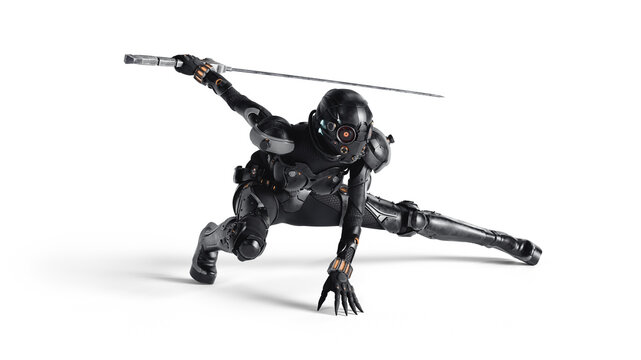 Sci-fi female cyborg assassin wears shiny black metal armor, helmet, high heels, jetpack, holding a katana sword in one hand in a dynamic ninja fighting strike stance. 3d render on white background.