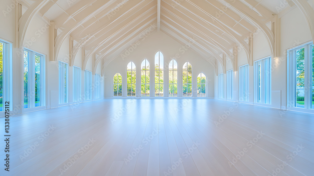 Poster a spacious, light-filled hall with high vaulted ceilings and large windows, creating an airy and ser