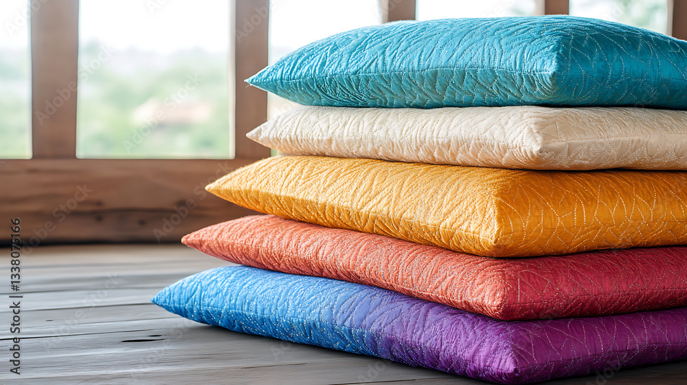 Poster A stack of colorful decorative pillows arranged neatly on a wooden surface, adding a cozy and vibrant touch to the interior space