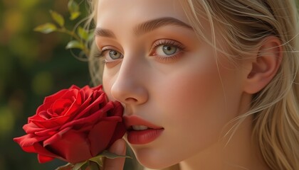beautiful white woman presses a velvety red rose against her cheek, her flawless skin glowing under the sunlight