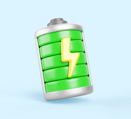 3d battery charge with full green indicator and lightning flash. Energy recharging progress of cell phone or electric car with high level. Isolated design element, cartoon render icon. 3D illustration