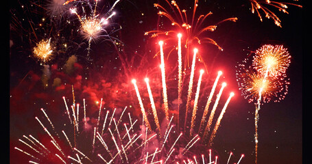 Red Firework celebrate anniversary happy new year 2025, 4th of july holiday festival. red firework...