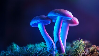 Fototapeta premium Creative concept photo of magical myth mistic mushrooms glowing in the dark night forest woods. 