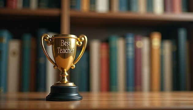 Gold-colored best teacher award represents academic achievement against bookshelf background