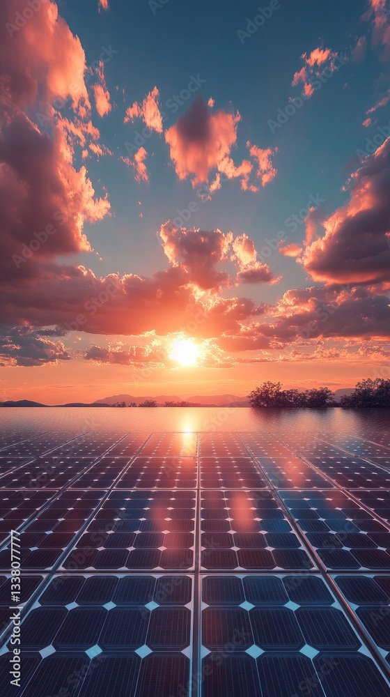 Aufkleber golden rays dance on reflective solar panels while clouds color the sky in hues of orange and pink. 