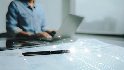 Person working on laptop with data visualization overlay, focusing on business analytics and technology on white solid background