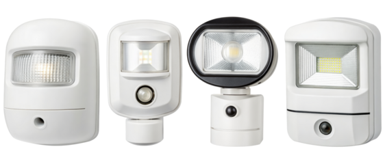 Four LED motion sensor lights on a transparent background