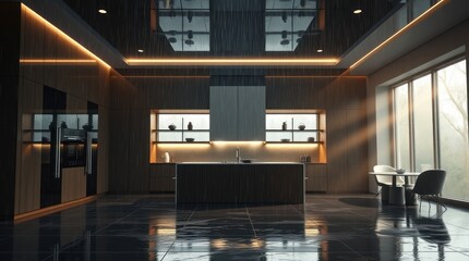 Modern kitchen, sunlit, wood design, island, window view, interior design, home decor, architectural visualization
