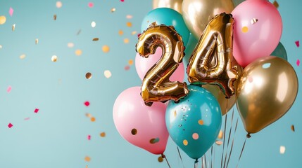 Golden number 24 balloons, pink and blue decorative balloons, festive celebration, birthday party, event decor, party balloons, colorful confetti background.