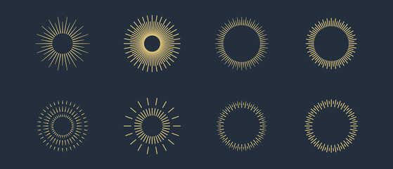 Fireworks. Vintage sunburst collection. Bursting golden sun rays. Vintage sunburst set. Bursting rays sunrise firework starburst blast, Radiant Spark. Logotype or lettering design element.