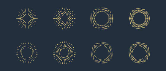 Fireworks. Vintage sunburst collection. Bursting golden sun rays. Vintage sunburst set. Bursting rays sunrise firework starburst blast, Radiant Spark. Logotype or lettering design element.