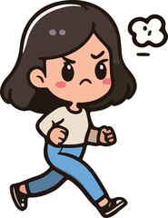 Cartoon woman character action, tired, emotions, running, walking, standing