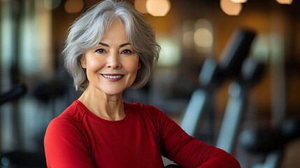 Cheerful senior woman in a gym setting, perfect for fitness promotions, healthy lifestyle campaigns, and senior wellness programs. Ideal for print or digital media.