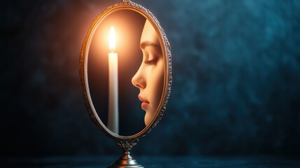 Elegant woman&rsquo;s face reflected in an ornate mirror with candlelight. Mysterious artistic portrait