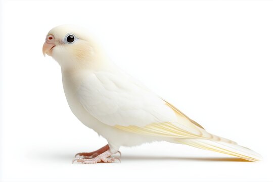 Albino parrotlet with soft white plumage on plain white background. Rare pet bird.