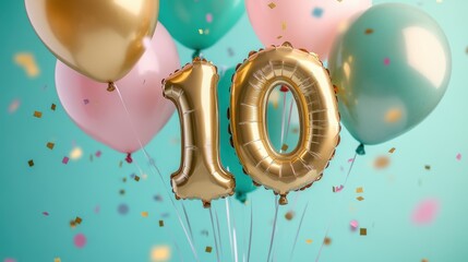 Gold number 10 balloon with colorful balloons, festive confetti, cheerful celebration, birthday party decor, milestones, party planning, vibrant decorations.