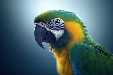 Blue and yellow macaw parrot close-up with dramatic lighting. Exotic bird portrait.