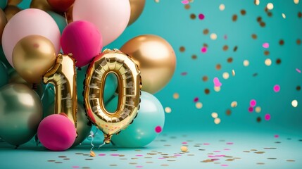 Gold number 10 balloon with colorful party balloons, confetti scattered on turquoise background, celebrating birthdays, anniversaries, festive occasions, milestones.