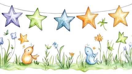 Fototapeta premium Two Cheerful Birds Admire a Vibrant St of Stars Glowing Brightly Above a Colorful Bed of Wildflowers in Nature's Beauty