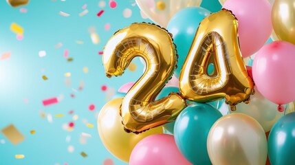 Gold foil number balloons, 24th birthday celebration, colorful party decor, festive balloons, confetti background, joyful moments, event planning, party ideas.