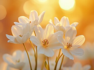 Soft White Lily Flowers Glowing in Warm Golden Sunset Light with Bokeh Background
