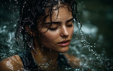 Fototapeta premium Serene Woman Under Waterfall