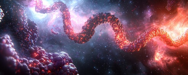 Vivid cosmic imagery featuring swirling colors and textures, evoking the vastness of space and the beauty of the universe.