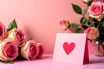 Card with heart beside bouquet and vase on pink background