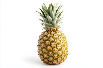 Fototapeta premium Whole pineapple with spiky green leaves on white background. Tropical fruit rich in vitamins