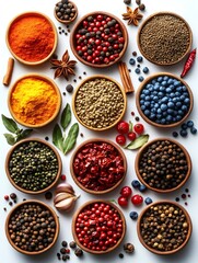Colorful spices and berries filling wooden bowls on white background