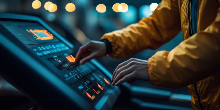Athlete setting up treadmill workout in modern gym