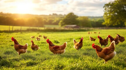 A sunny countryside with chickens roaming freely on green pastures, representing organic and sustainable farming. Free copy space for text
