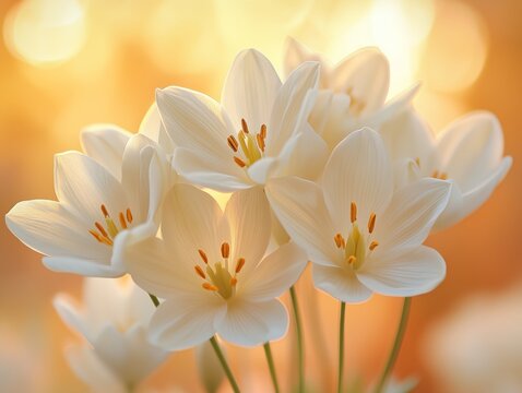 Soft White Lily Flowers Glowing in Warm Golden Sunset Light with Bokeh Background