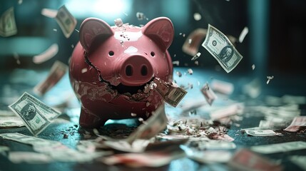 A symbolic image of a broken piggy bank on a dark surface, with dollar bills floating around, emphasizing the fragility of financial security 