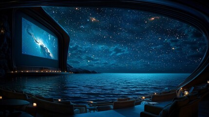 Starry night cinema experience over ocean dreamy atmosphere outdoor movie serene setting captivating view
