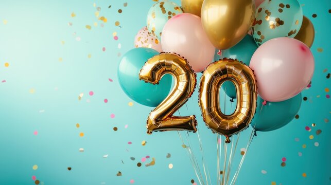 Colorful birthday balloons and confetti celebrating milestone 20th birthday, festive decor, party theme, joy, celebration, vibrant atmosphere, fun event.