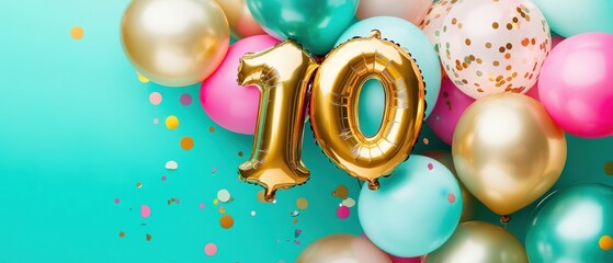 Gold number 10 balloon with colorful party balloons, confetti, festive decorations, birthday celebration, anniversary party, event planning, cheerful atmosphere.