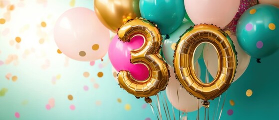 30th birthday celebration with colorful balloons, festive decorations, party atmosphere, joyful moments, anniversaries, vibrant party themes, fun gatherings.