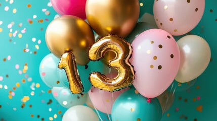 Colorful birthday balloons with golden number 13, festive decorations, celebrations, party supplies, youth empowerment, joyful moments, cheerful atmosphere, special occasion.