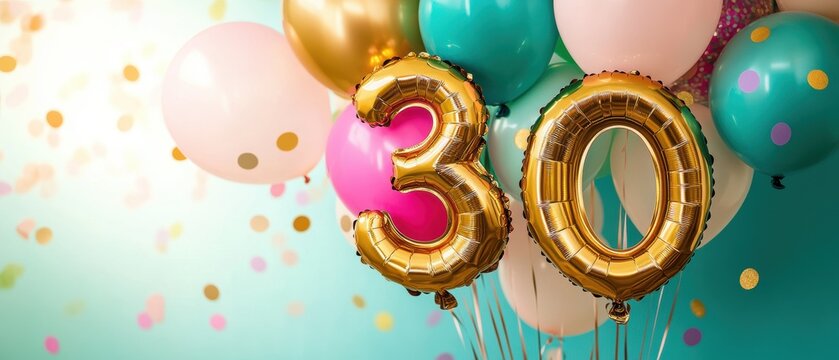 30th birthday celebration with colorful balloons, festive decorations, party atmosphere, joyful moments, anniversaries, vibrant party themes, fun gatherings.