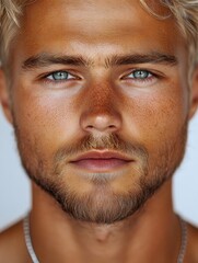 Obraz premium Portrait of tan blond male model with blue eyes and beard showing confidence