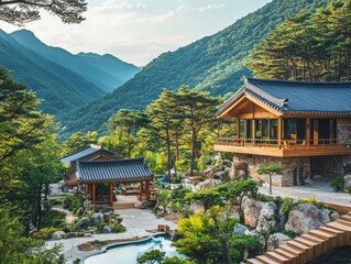 Obraz premium Beautiful traditional buildings are nestled in a serene mountain landscape