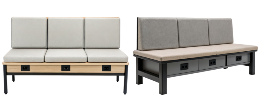 Two three-seat benches with power outlets on a transparent background
